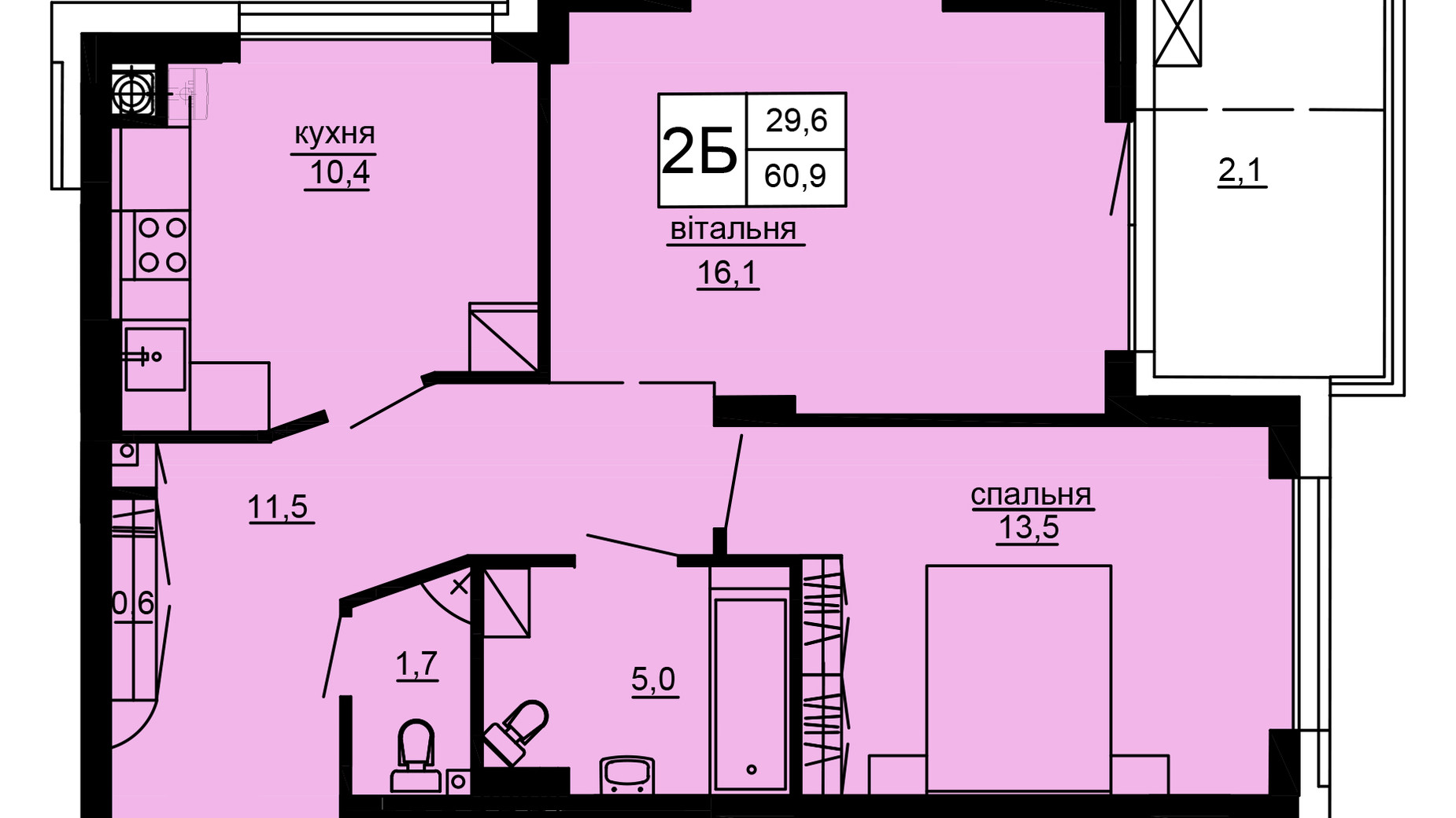 Планировка 2-комнатной квартиры в ЖК Варшавский deluxe 60.9 м², фото 637577