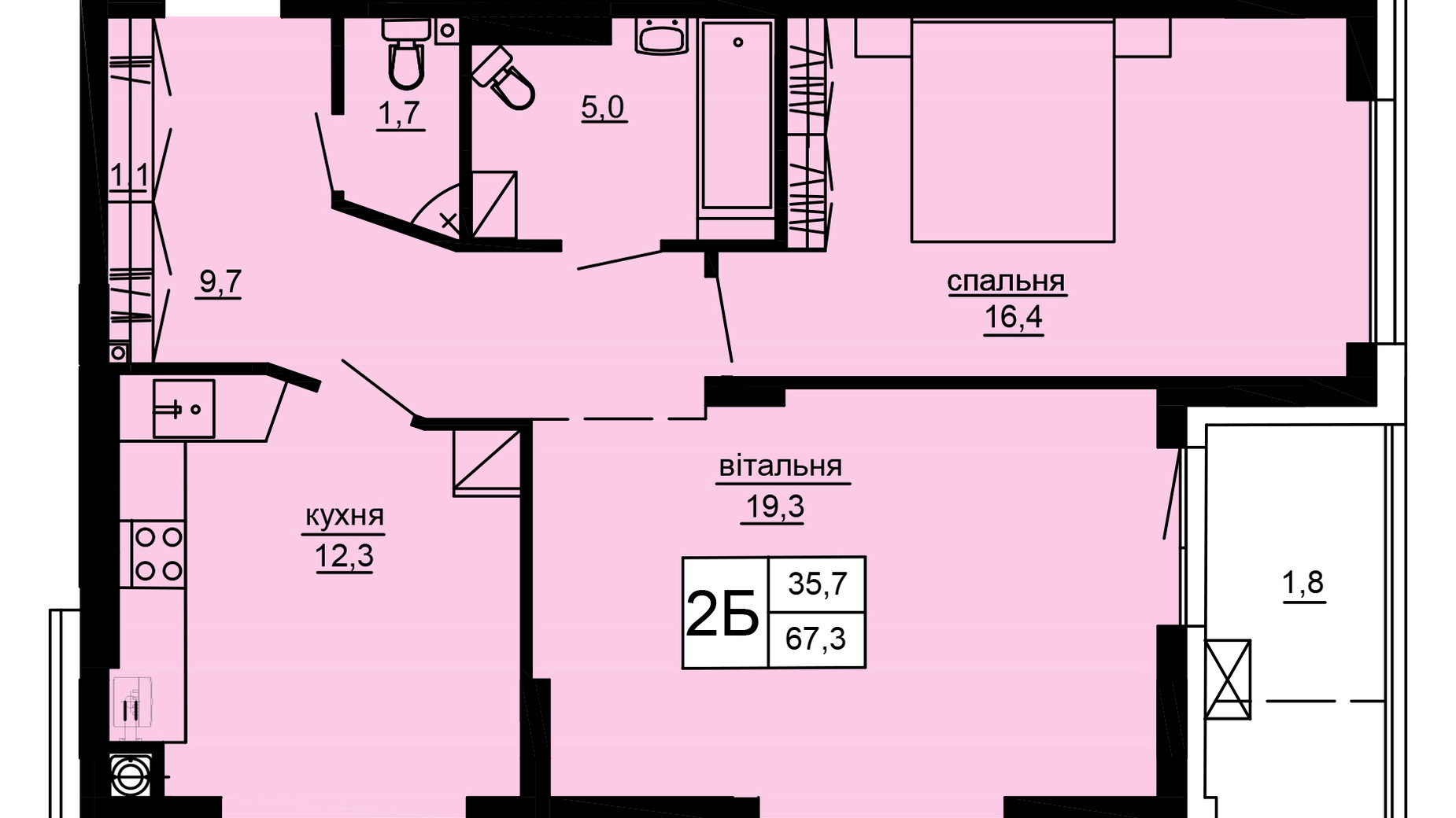 Планування 2-кімнатної квартири в ЖК Варшавський deluxe 67.3 м², фото 637605