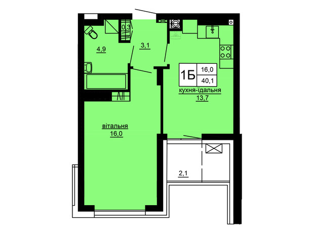 ЖК Варшавський deluxe: планування 1-кімнатної квартири 40.1 м²