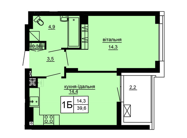 ЖК Варшавський deluxe: планування 1-кімнатної квартири 39.6 м²