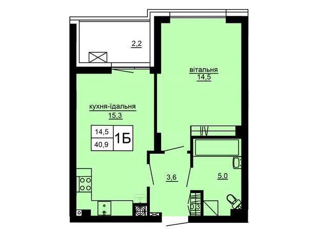 ЖК Варшавський deluxe: планування 1-кімнатної квартири 40.9 м²