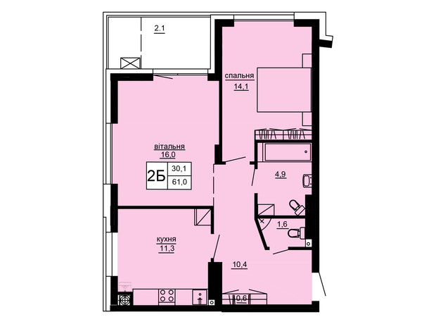 ЖК Варшавский deluxe: планировка 2-комнатной квартиры 61 м²