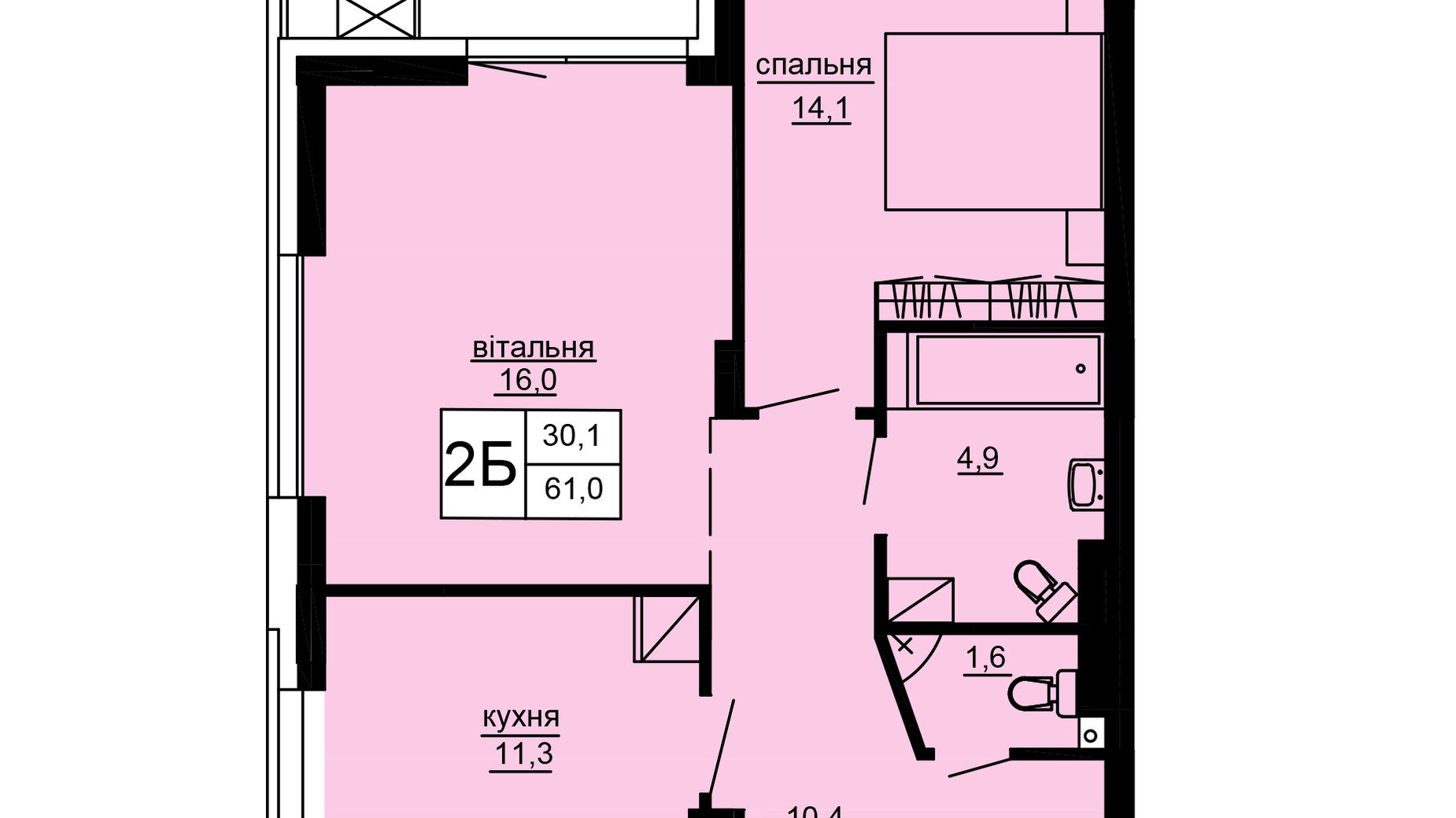 Планировка 2-комнатной квартиры в ЖК Варшавский deluxe 61 м², фото 637644