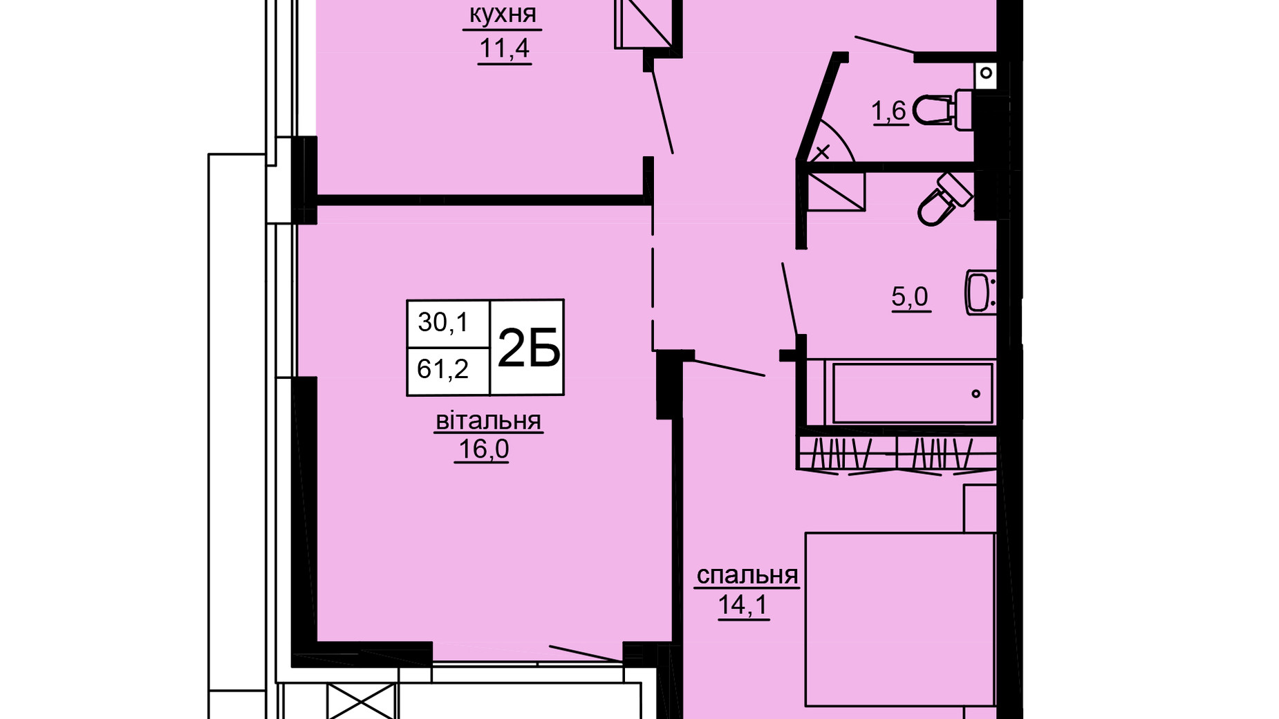 Планировка 2-комнатной квартиры в ЖК Варшавский deluxe 61.2 м², фото 637648