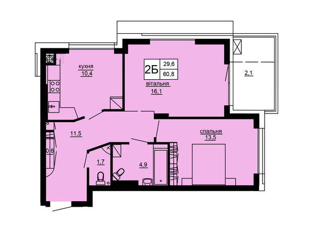 ЖК Варшавський deluxe: планування 2-кімнатної квартири 60.8 м²