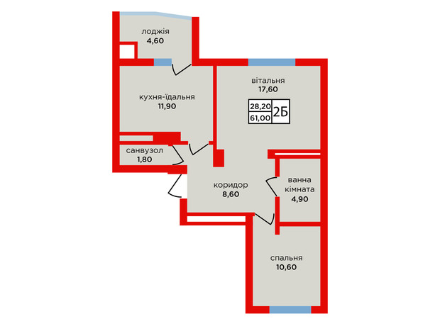 ЖК Варшавский микрорайон, 8 очередь: планировка 2-комнатной квартиры 61 м²