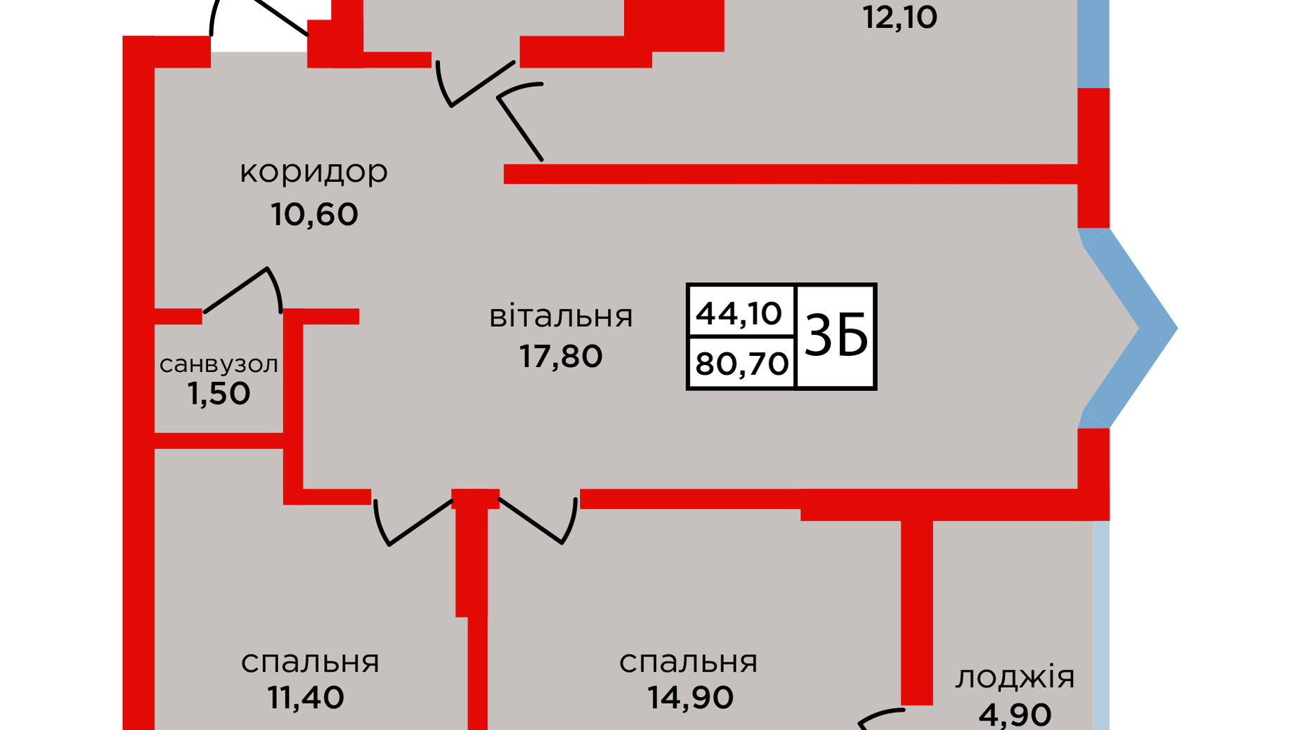 Планування 3-кімнатної квартири в ЖК Варшавський мікрорайон, 8 черга 80.7 м², фото 637735