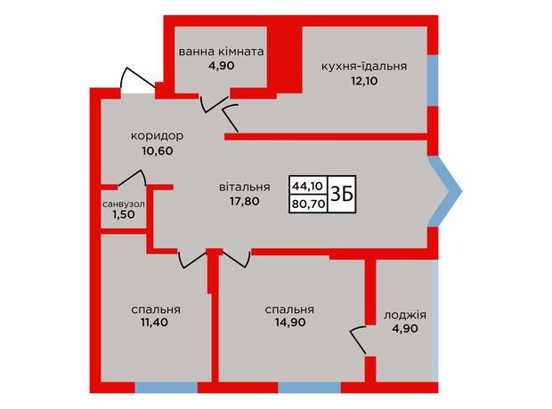 ЖК Варшавский микрорайон, 8 очередь: планировка 3-комнатной квартиры 80.7 м²