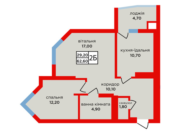 ЖК Варшавський мікрорайон, 8 черга: планування 2-кімнатної квартири 62.6 м²