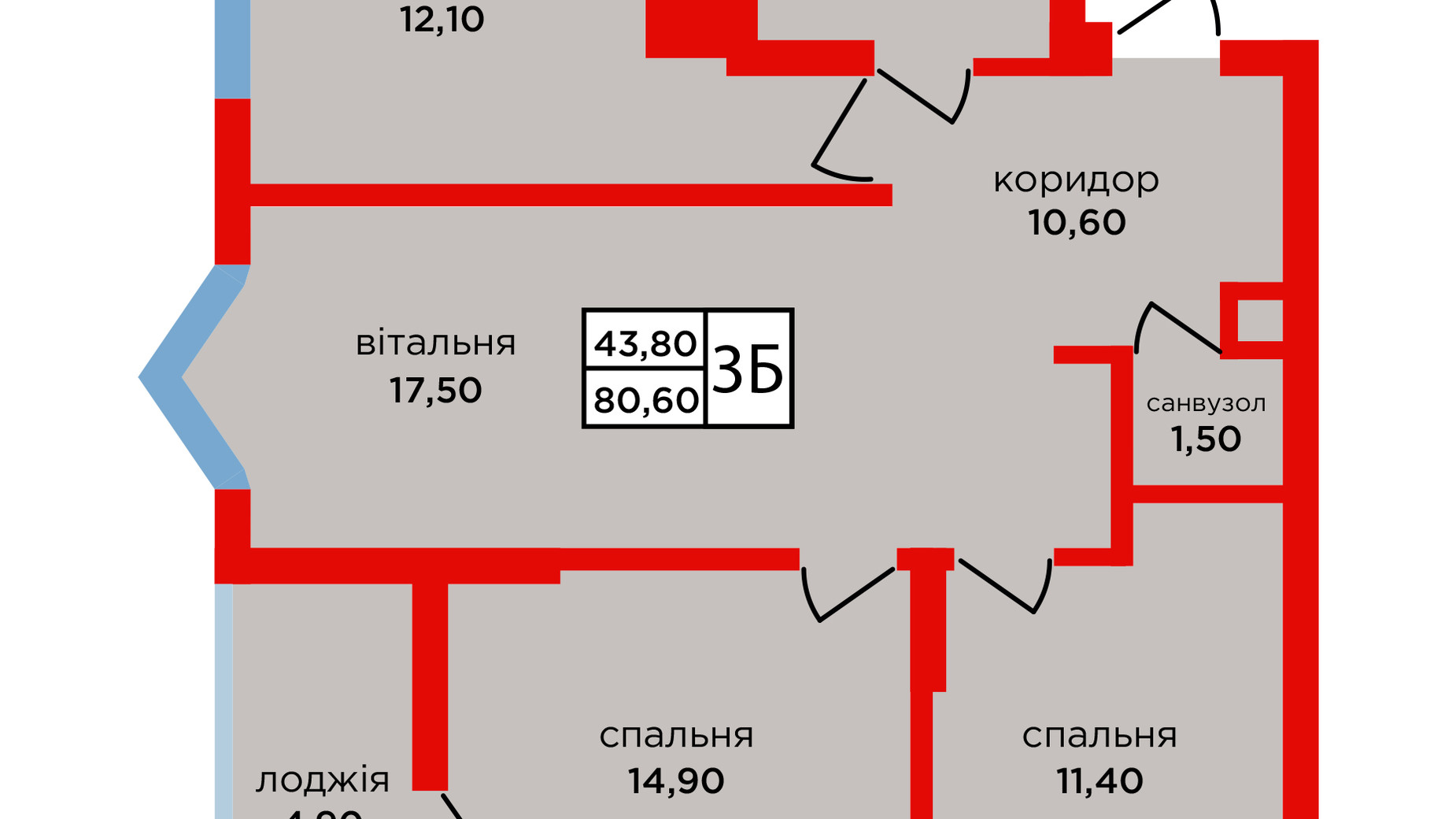 Планування 3-кімнатної квартири в ЖК Варшавський мікрорайон, 8 черга 80.6 м², фото 637737