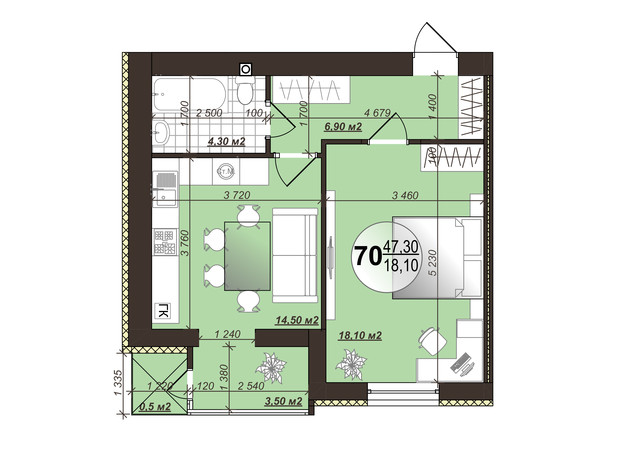 ЖК Добробуд: планировка 1-комнатной квартиры 48.3 м²