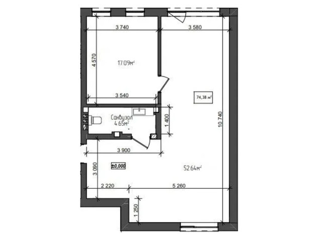 ЖК ул. Вербовая, 50: планировка 2-комнатной квартиры 74.38 м²