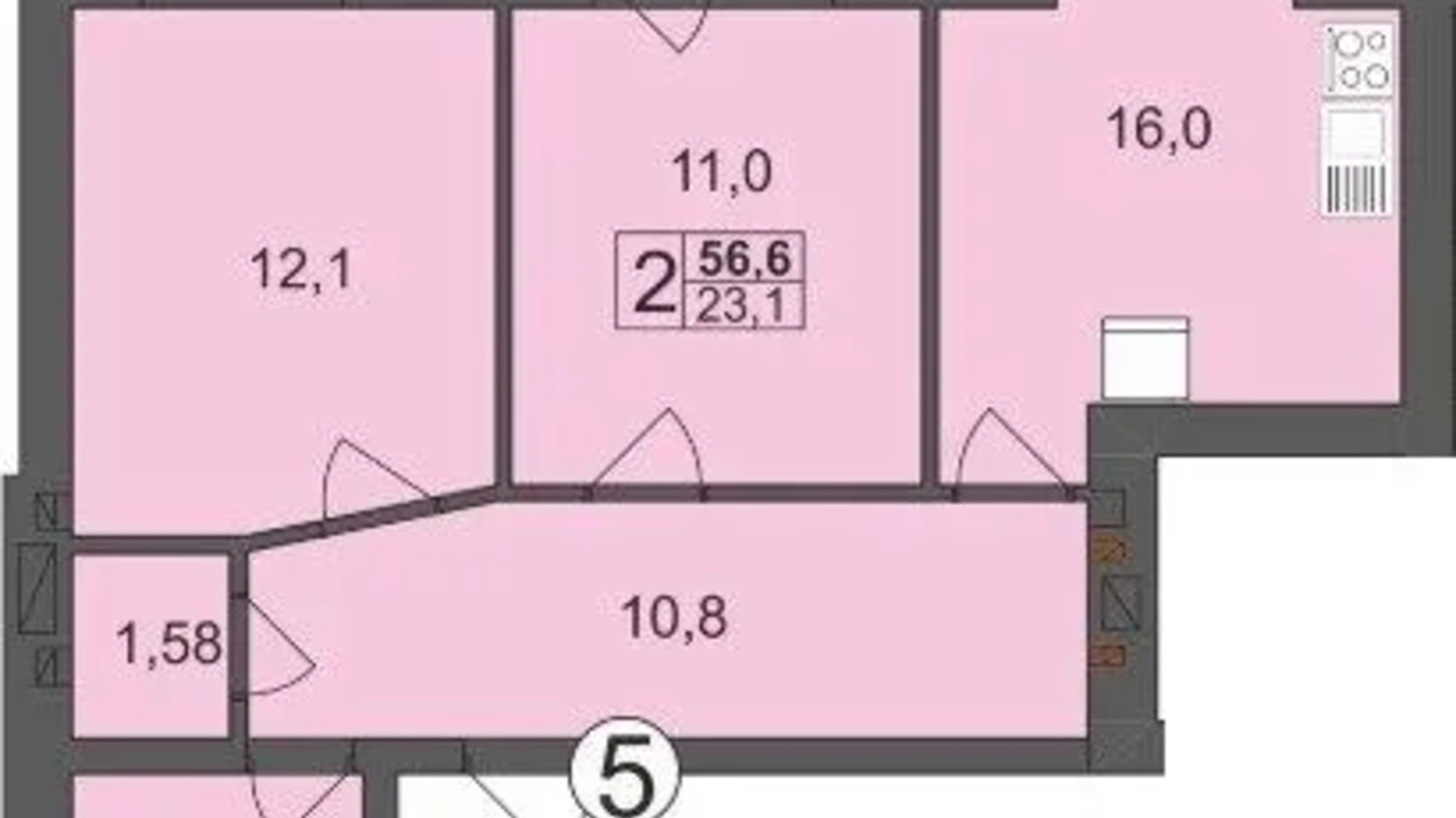 Планування 2-кімнатної квартири в ЖК Мрія на Покровській 56.6 м², фото 638103