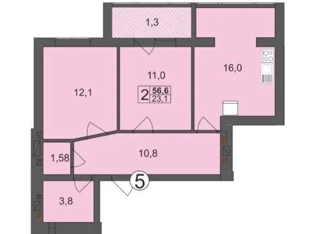 ЖК Мрія на Покровській: планування 2-кімнатної квартири 56.6 м²