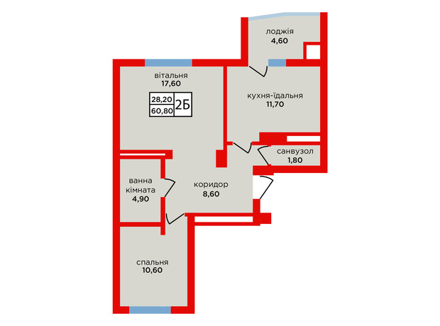 ЖК Варшавский микрорайон, 8 очередь: планировка 2-комнатной квартиры 60.8 м²