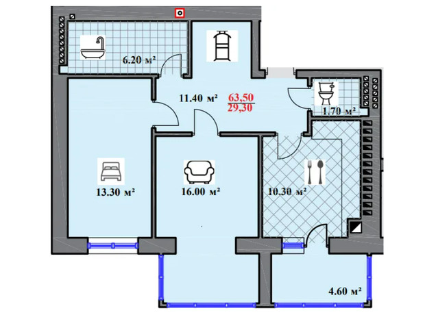 ЖК Шептицького: планування 2-кімнатної квартири 63.5 м²