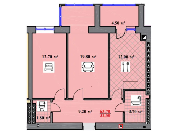 ЖК Шептицького: планування 2-кімнатної квартири 63.7 м²