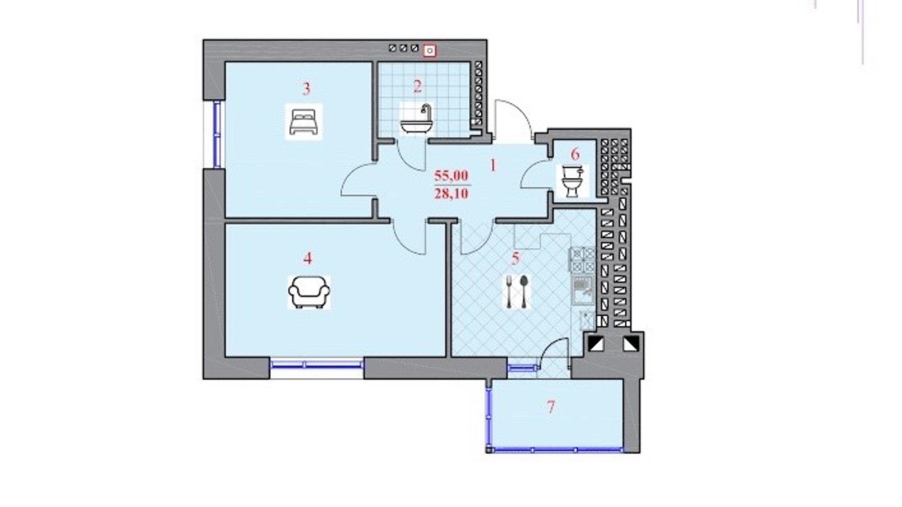 Планировка 2-комнатной квартиры в ЖК Шептицкого 55 м², фото 638308
