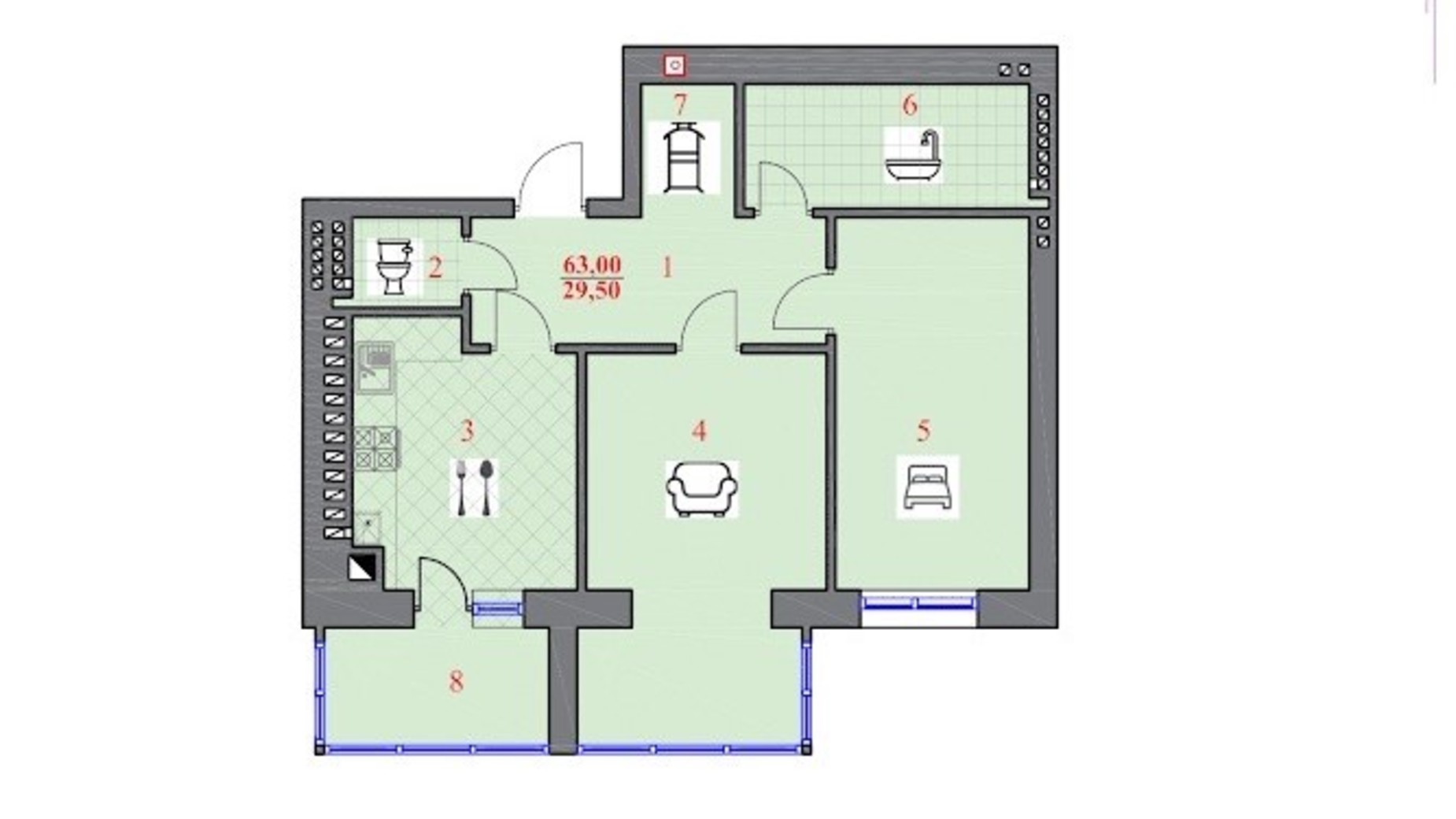 Планування 2-кімнатної квартири в ЖК Шептицького 63 м², фото 638309