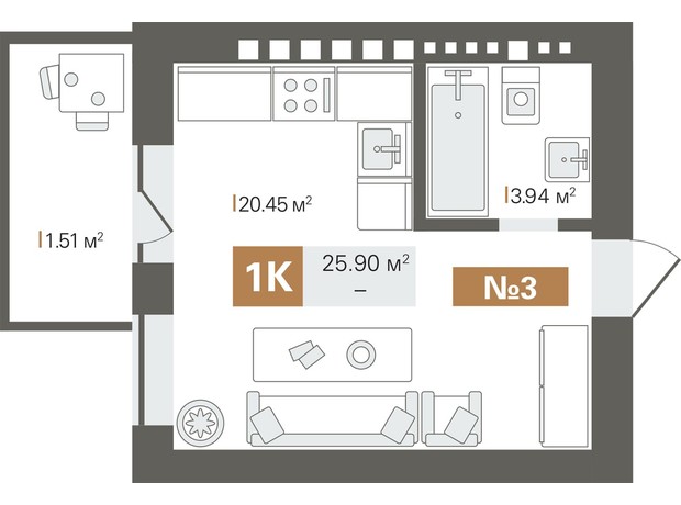 ЖК Park Residence: планування 1-кімнатної квартири 25.9 м²