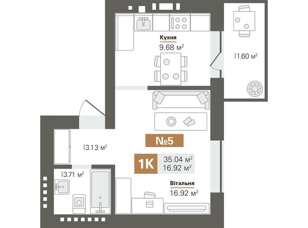 ЖК Park Residence: планування 1-кімнатної квартири 35.04 м²