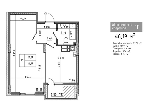 ЖК Банківський 3: планування 1-кімнатної квартири 46.19 м²