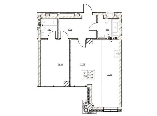 ЖК ул. Героев 72-й Бригады: планировка 2-комнатной квартиры 62.76 м²