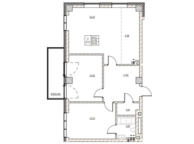 ЖК ул. Героев 72-й Бригады: планировка 3-комнатной квартиры 84.38 м²