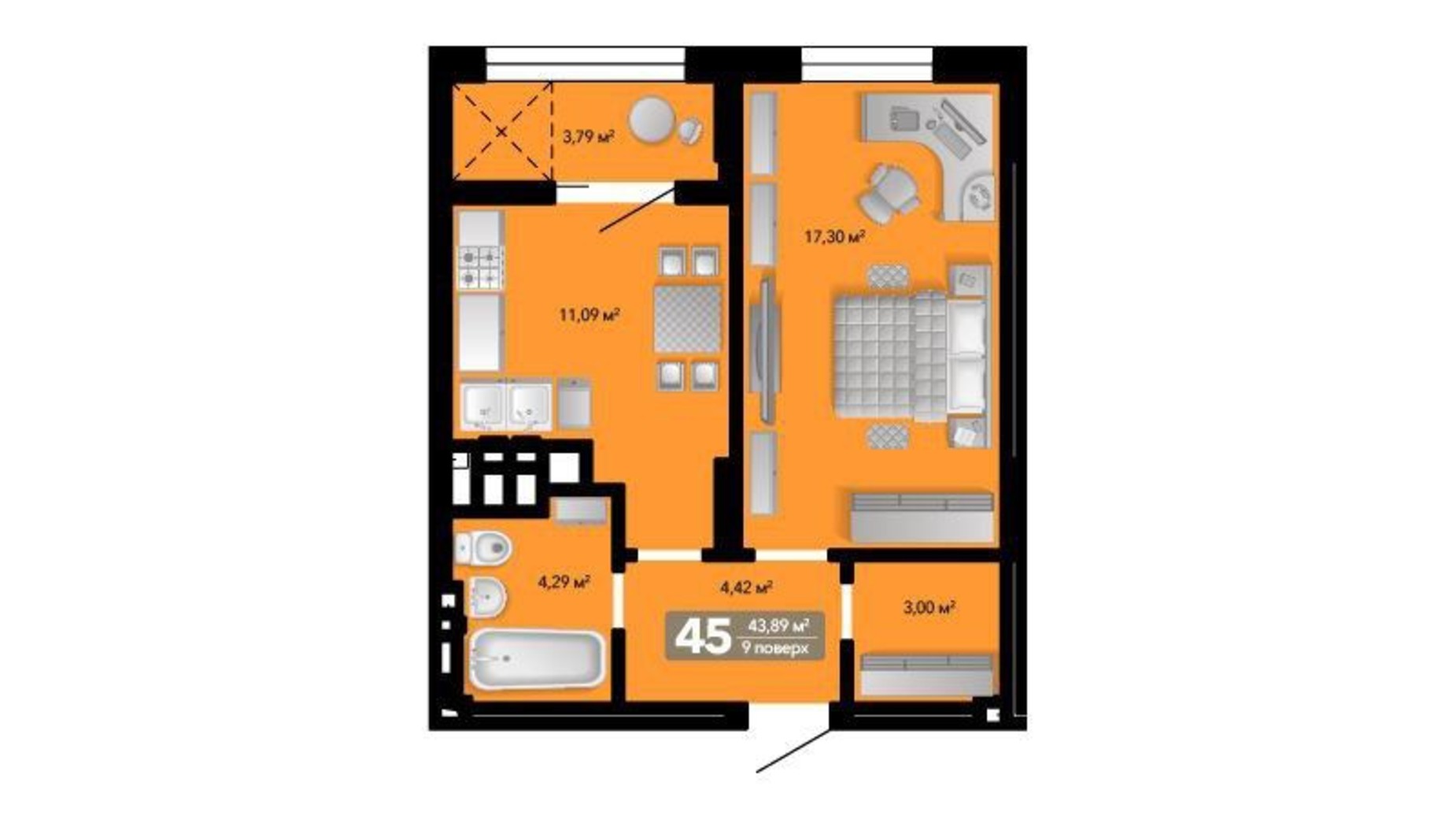 Планування 1-кімнатної квартири в ЖК Весняний 43.89 м², фото 639063