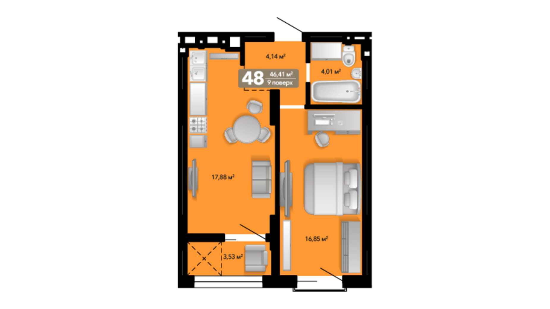 Планировка 1-комнатной квартиры в ЖК Весняний 46.42 м², фото 639068