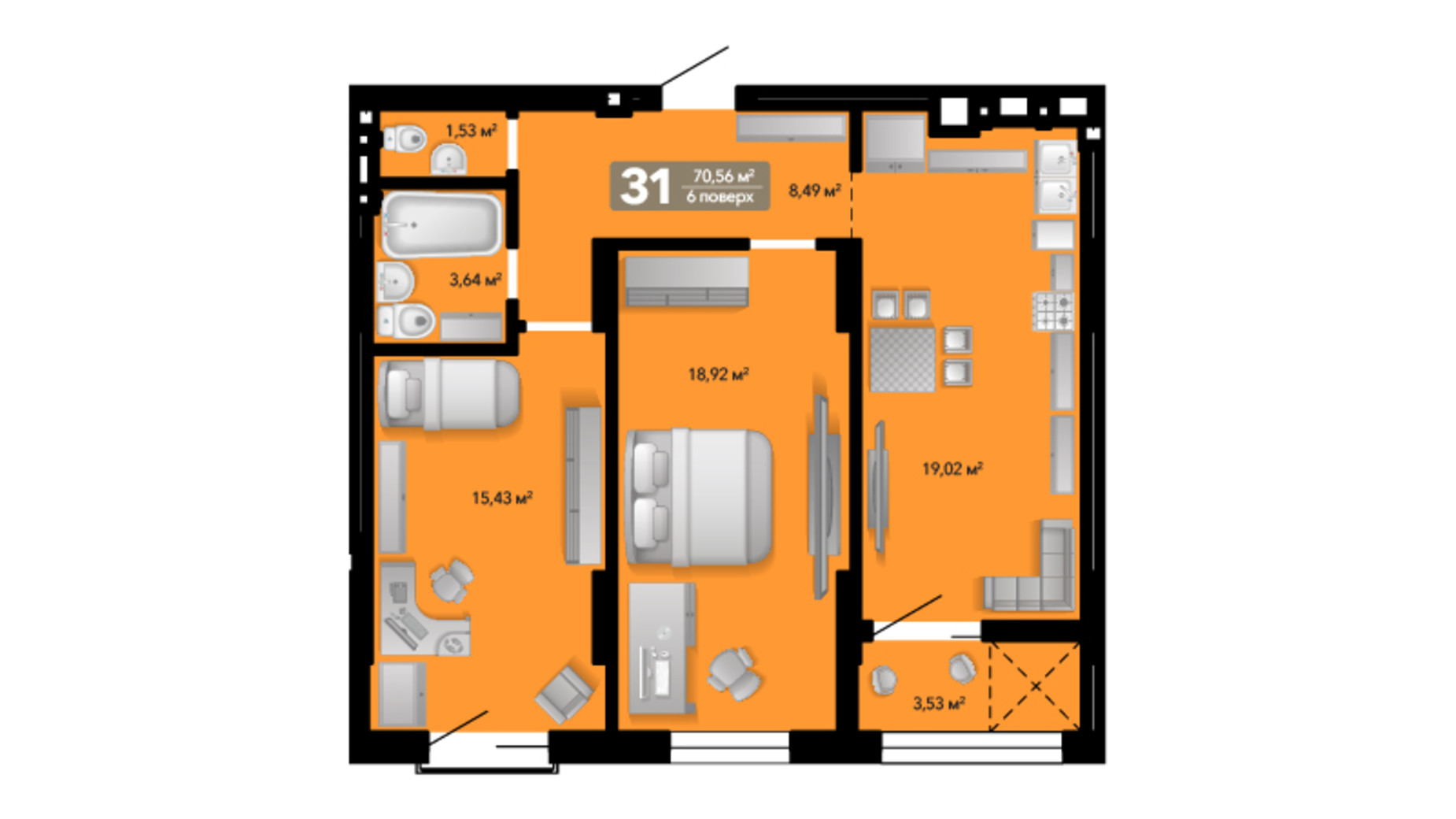 Планировка 2-комнатной квартиры в ЖК Весняний 70.56 м², фото 639069