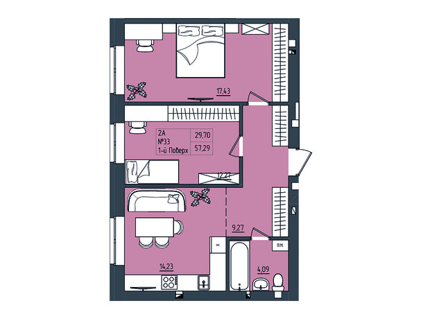 ЖК Субурбия: планировка 2-комнатной квартиры 53.8 м²