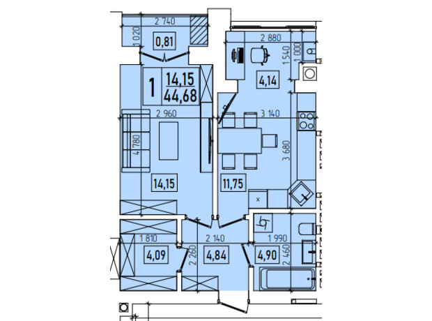ЖК Нова Будова-2: планування 3-кімнатної квартири 99.03 м²