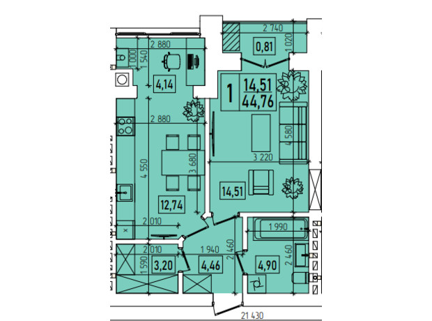 ЖК Нова Будова-2: планування 1-кімнатної квартири 44.68 м²