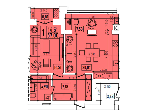 ЖК Нова Будова-2: планування 1-кімнатної квартири 44.76 м²