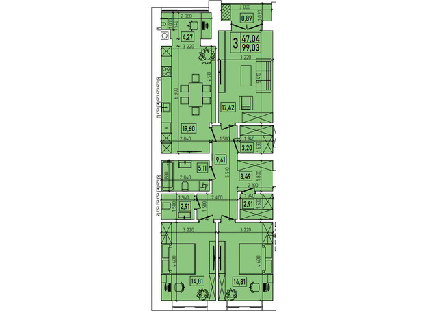 ЖК Нова Будова-2: планировка 1-комнатной квартиры 45.16 м²