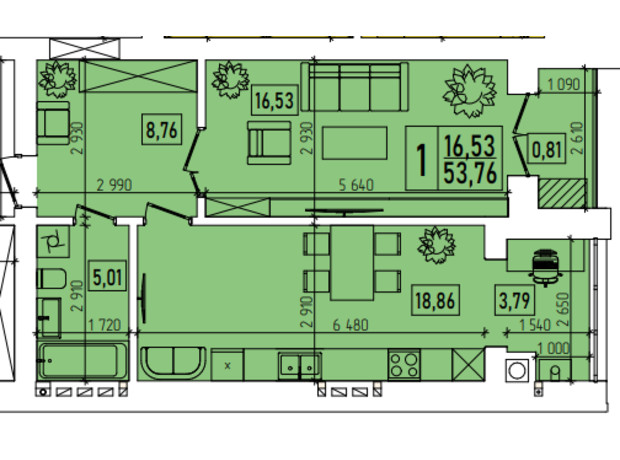 ЖК Нова Будова-2: планировка 1-комнатной квартиры 53.76 м²