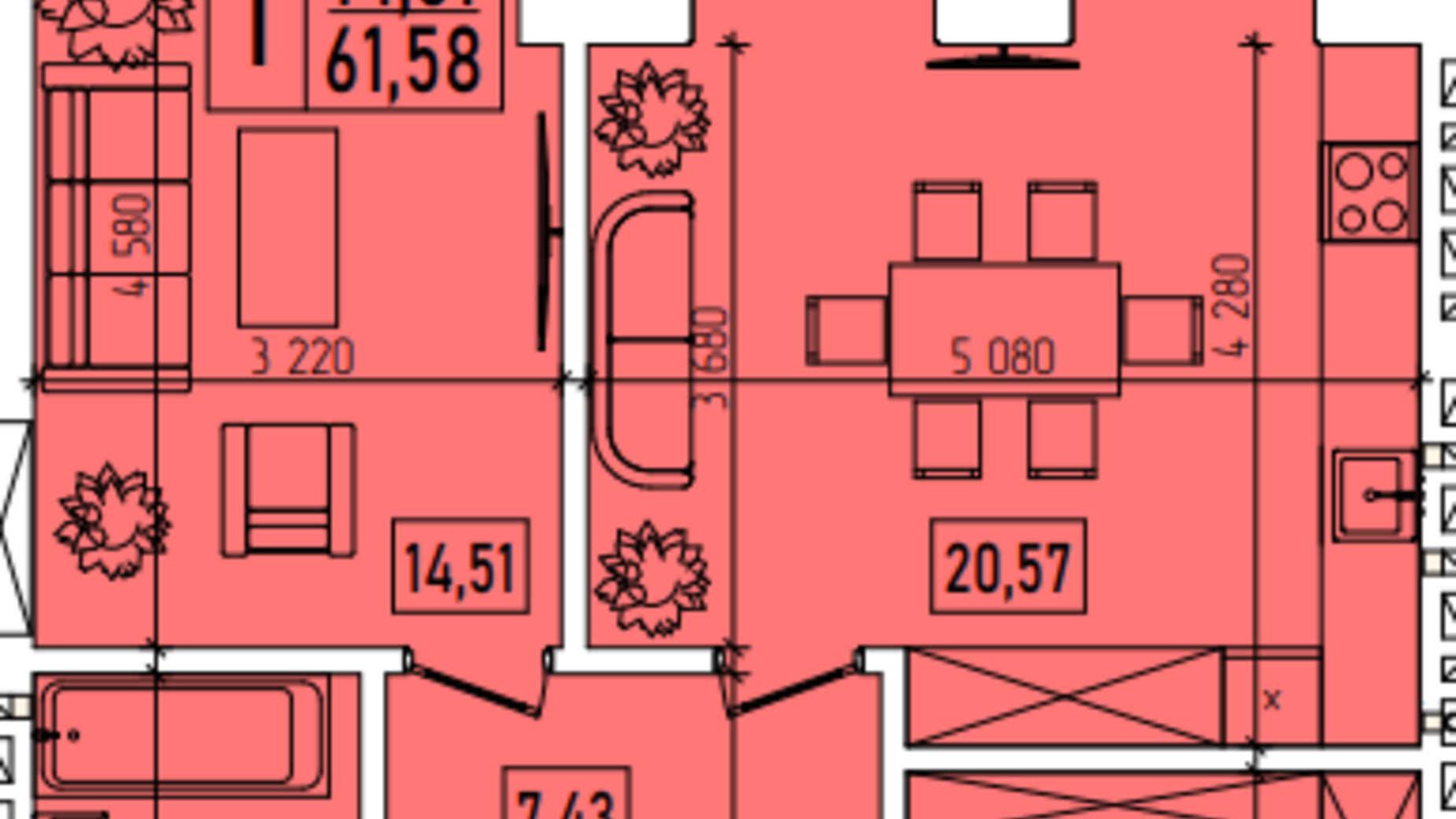 Планування 1-кімнатної квартири в ЖК Нова Будова-2 61.58 м², фото 639248