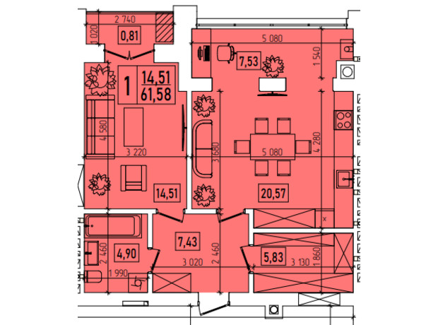 ЖК Нова Будова-2: планировка 1-комнатной квартиры 61.58 м²