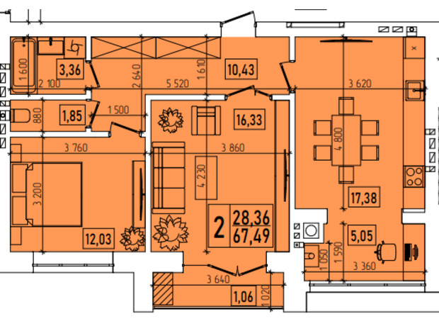 ЖК Нова Будова-2: планування 2-кімнатної квартири 67.49 м²