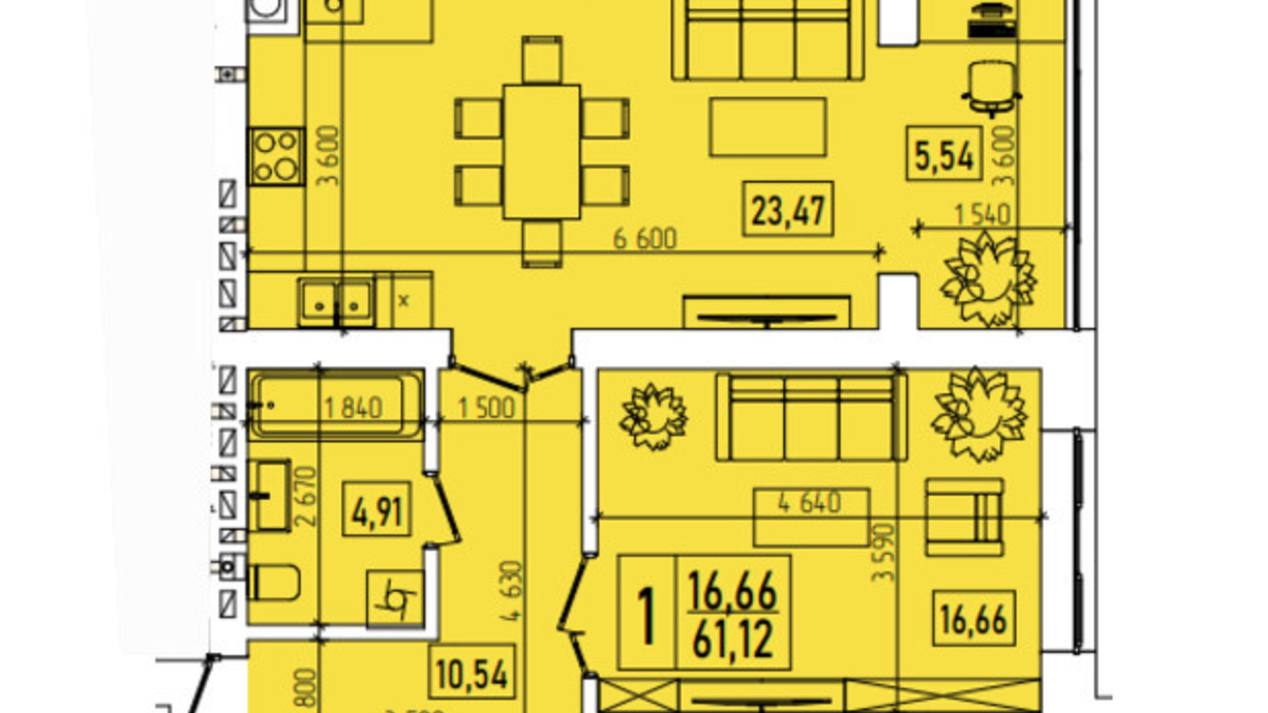 Планировка 1-комнатной квартиры в ЖК Нова Будова-2 57 м², фото 639252