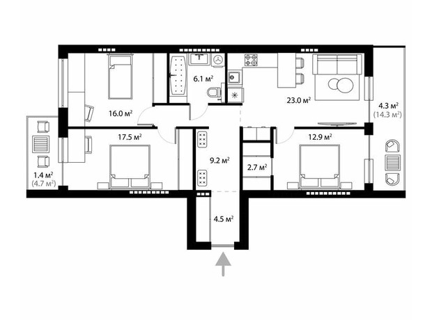 ЖК Park Land: планування 3-кімнатної квартири 97.6 м²