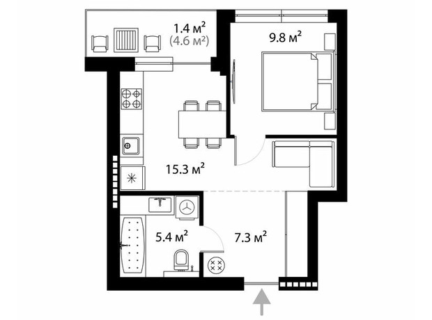 ЖК Park Land: планування 1-кімнатної квартири 39.2 м²