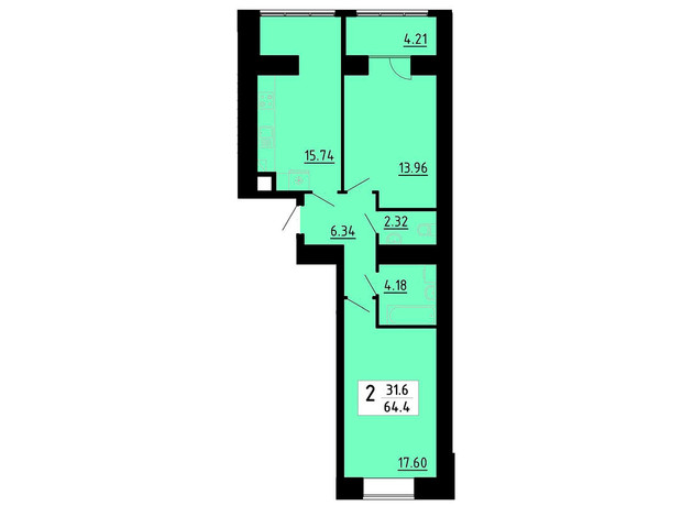 ЖК Кольоровий: планировка 2-комнатной квартиры 64.4 м²