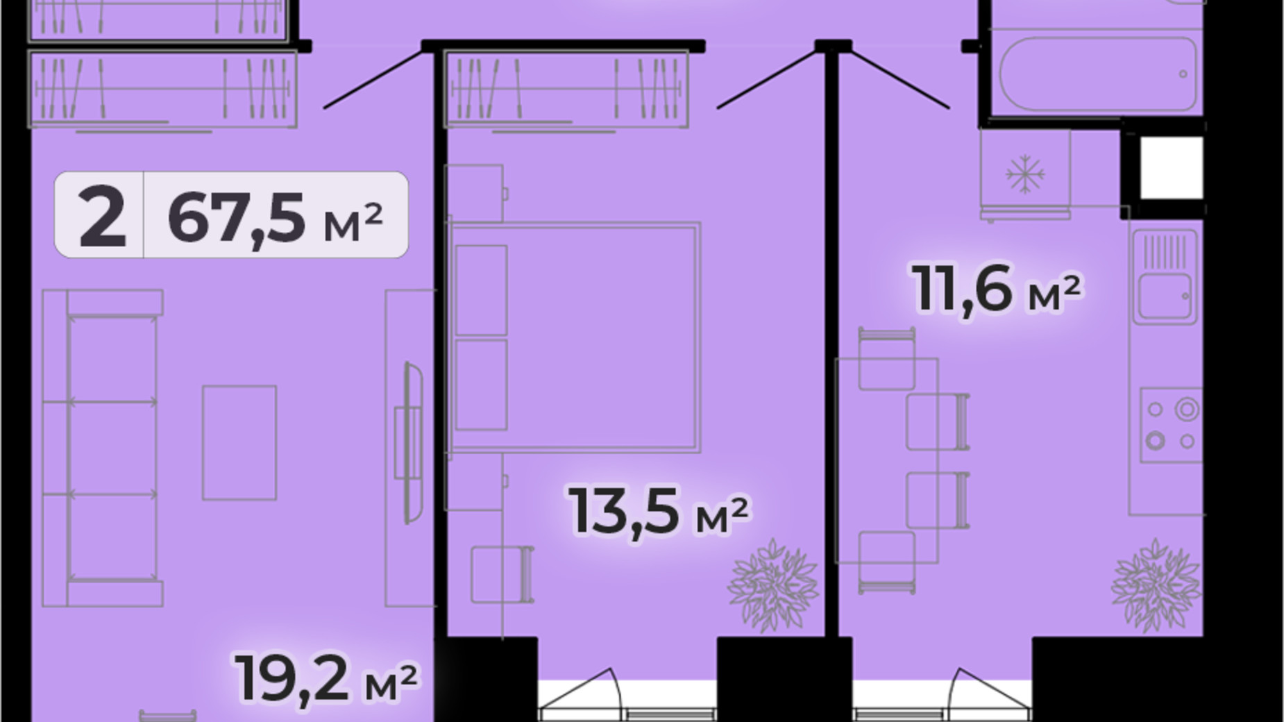 Планування 2-кімнатної квартири в ЖК Комфорт Парк 67.5 м², фото 639283