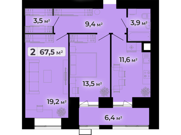 ЖК Комфорт Парк: планування 2-кімнатної квартири 67.5 м²