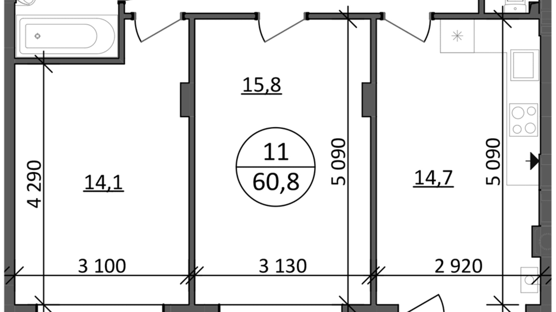 Планировка 2-комнатной квартиры в ЖК Гринвуд-2 60.8 м², фото 639581