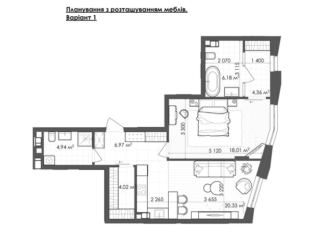ЖК Krauss Gallery: планування 1-кімнатної квартири 64.81 м²