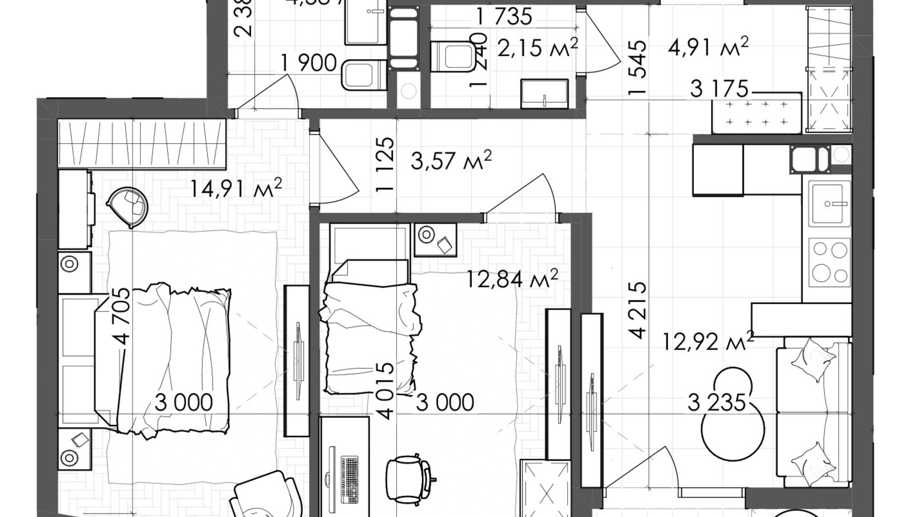 Планировка 2-комнатной квартиры в ЖК Krauss Gallery 60.35 м², фото 639593