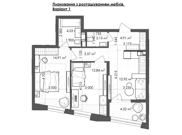 ЖК Krauss Gallery: планировка 2-комнатной квартиры 60.35 м²